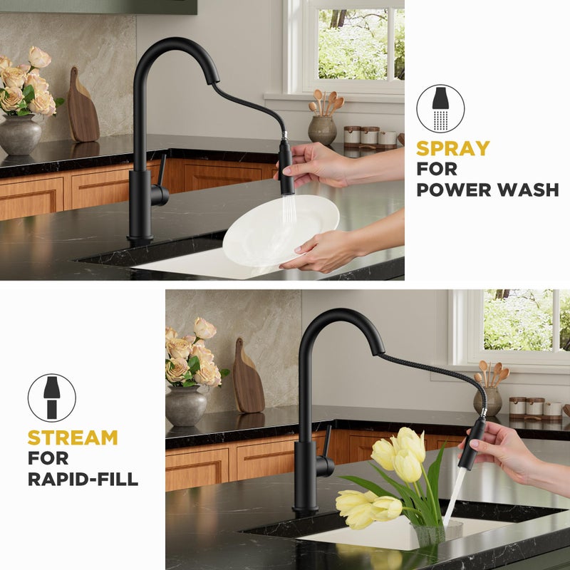 FORIOUS Black Kitchen Faucet with Pull Down Sprayer,Stainless Steel High Arc Gooseneck Modern Sink Faucet with CUPC Ceramic Cartridge, Single Handle Stainless Steel and Deck Plate - Image 4